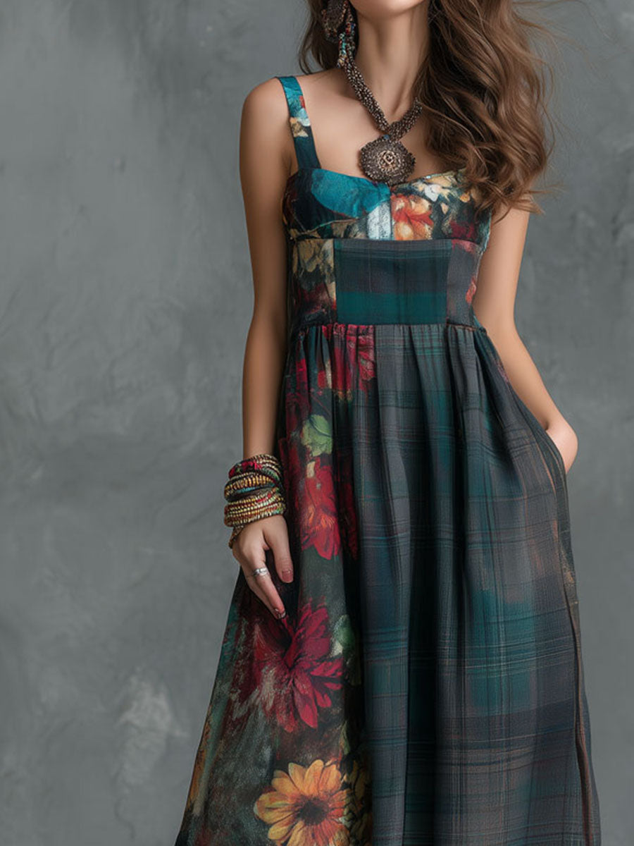 Boho Midnight Meadow Patchwork Floral Maxi Dress