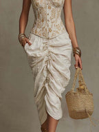 Bohemian Halter Gold Lace Corset & Cotton-Linen Ruched Midi Dress