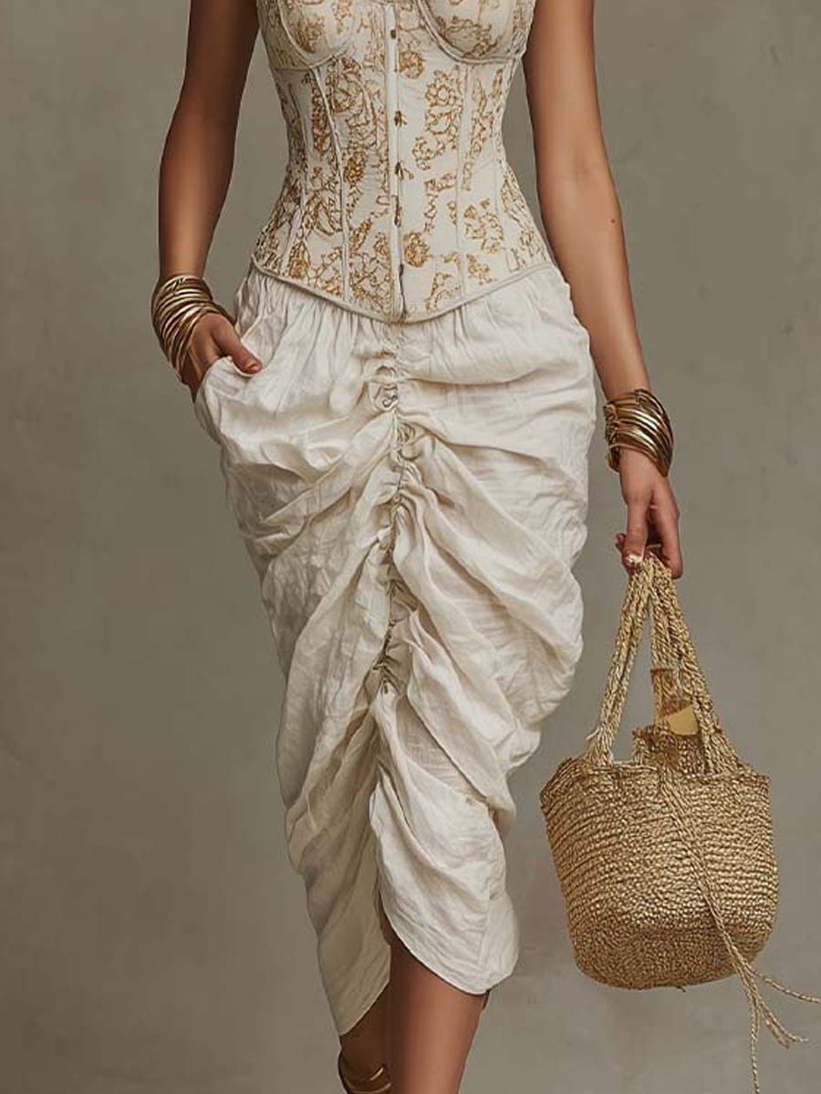 Bohemian Halter Gold Lace Corset & Cotton-Linen Ruched Midi Dress