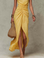 Bohemian  Cotton High Neck Ruched Wrap Maxi Dress