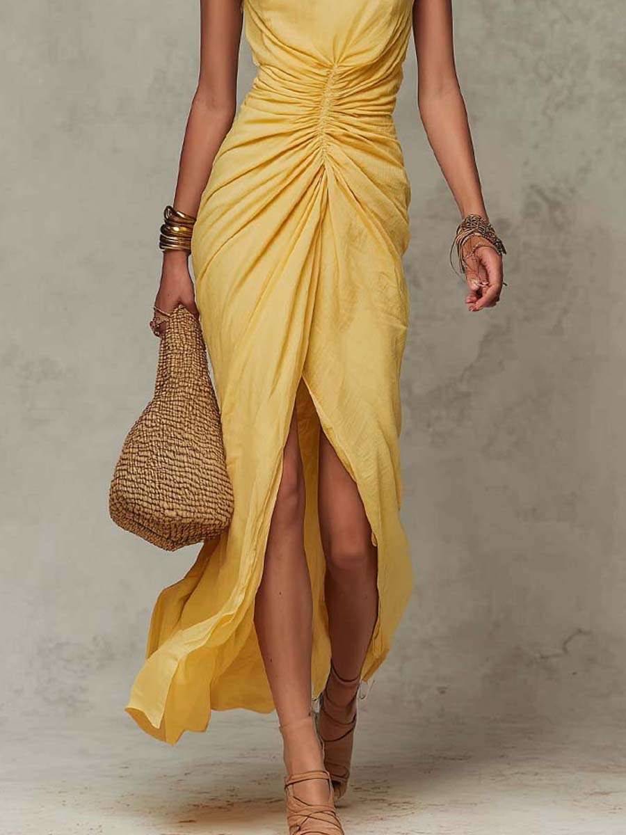 Bohemian  Cotton High Neck Ruched Wrap Maxi Dress