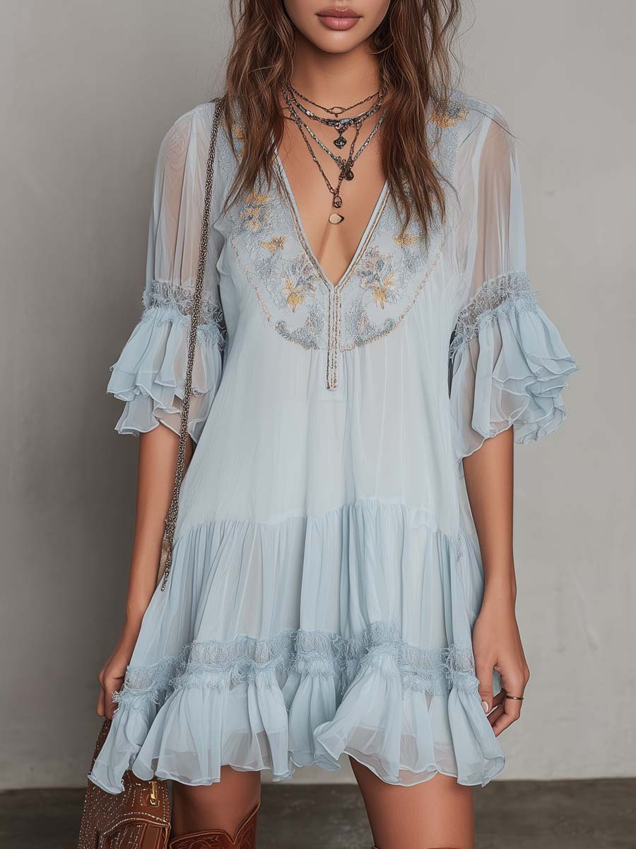 Vintage Floral Embroidered Chiffon Mini Dress