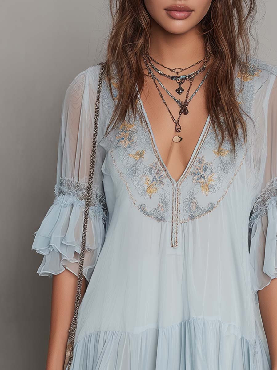 Vintage Floral Embroidered Chiffon Mini Dress