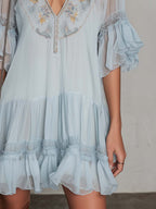 Vintage Floral Embroidered Chiffon Mini Dress