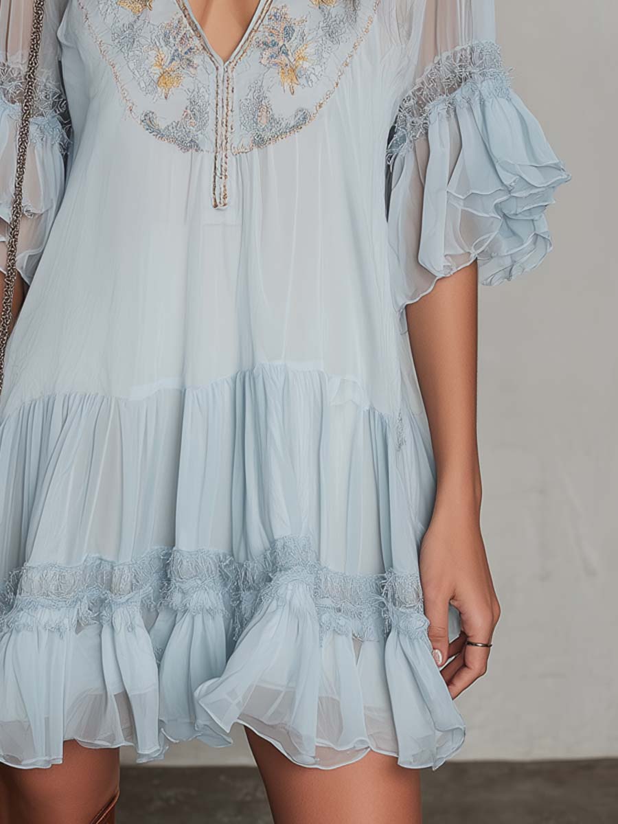 Vintage Floral Embroidered Chiffon Mini Dress