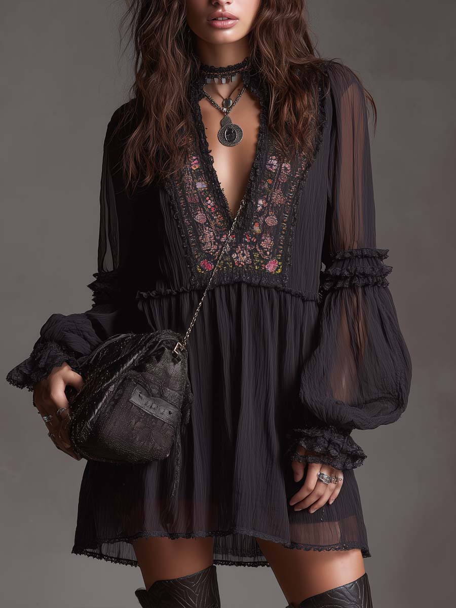 Vintage Floral Embroidered Chiffon Mini Dress