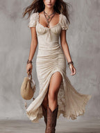 Vintage Lace Midi Dress With Slit Hem