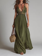 Boho Halter-Neck Maxi Dress With Lace Inserts