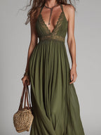 Boho Halter-Neck Maxi Dress With Lace Inserts