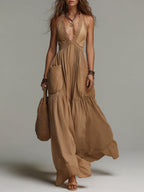 Boho Lace-Trimmed Patch Pocket Maxi Dress