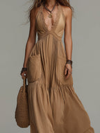 Boho Lace-Trimmed Patch Pocket Maxi Dress