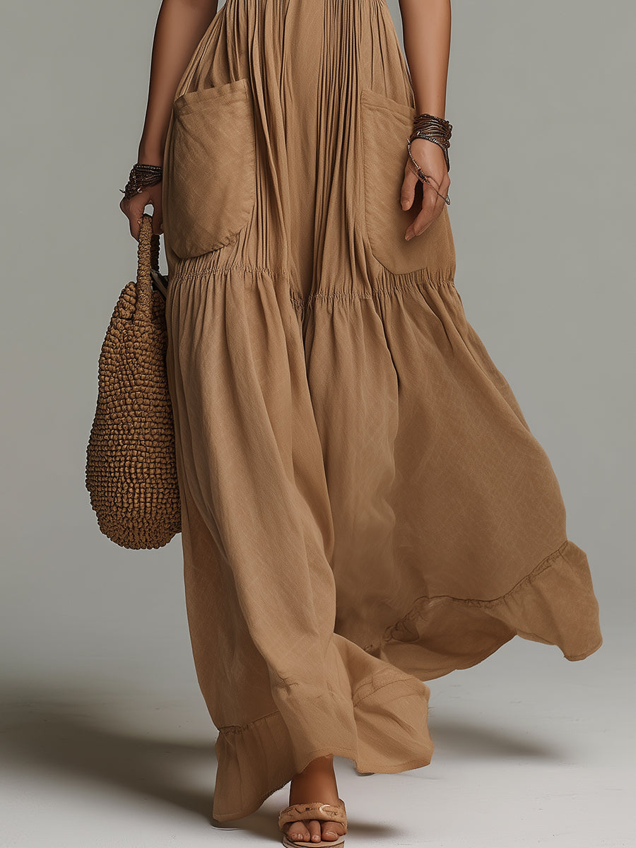 Boho Lace-Trimmed Patch Pocket Maxi Dress