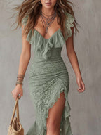 Vintage Ruffle Neck Slit Hem Lace Midi Dress