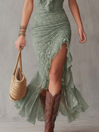 Vintage Ruffle Neck Slit Hem Lace Midi Dress