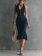 Elegant Halter Corset Zipper Ruched Midi Dress