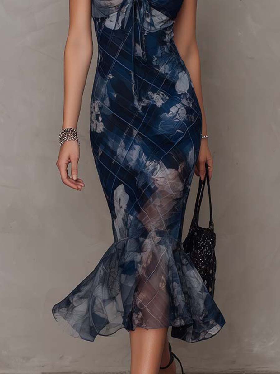 Elegant Spaghetti Strap Floral Mermaid Midi Dress