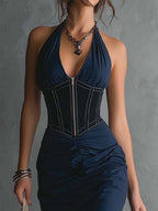 Elegant Halter Corset Zipper Ruched Midi Dress