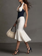 Elegant Halter Color-Block Corset Midi Dress
