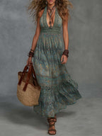 Bohemian Halter Lace Print Tiered Maxi Dress