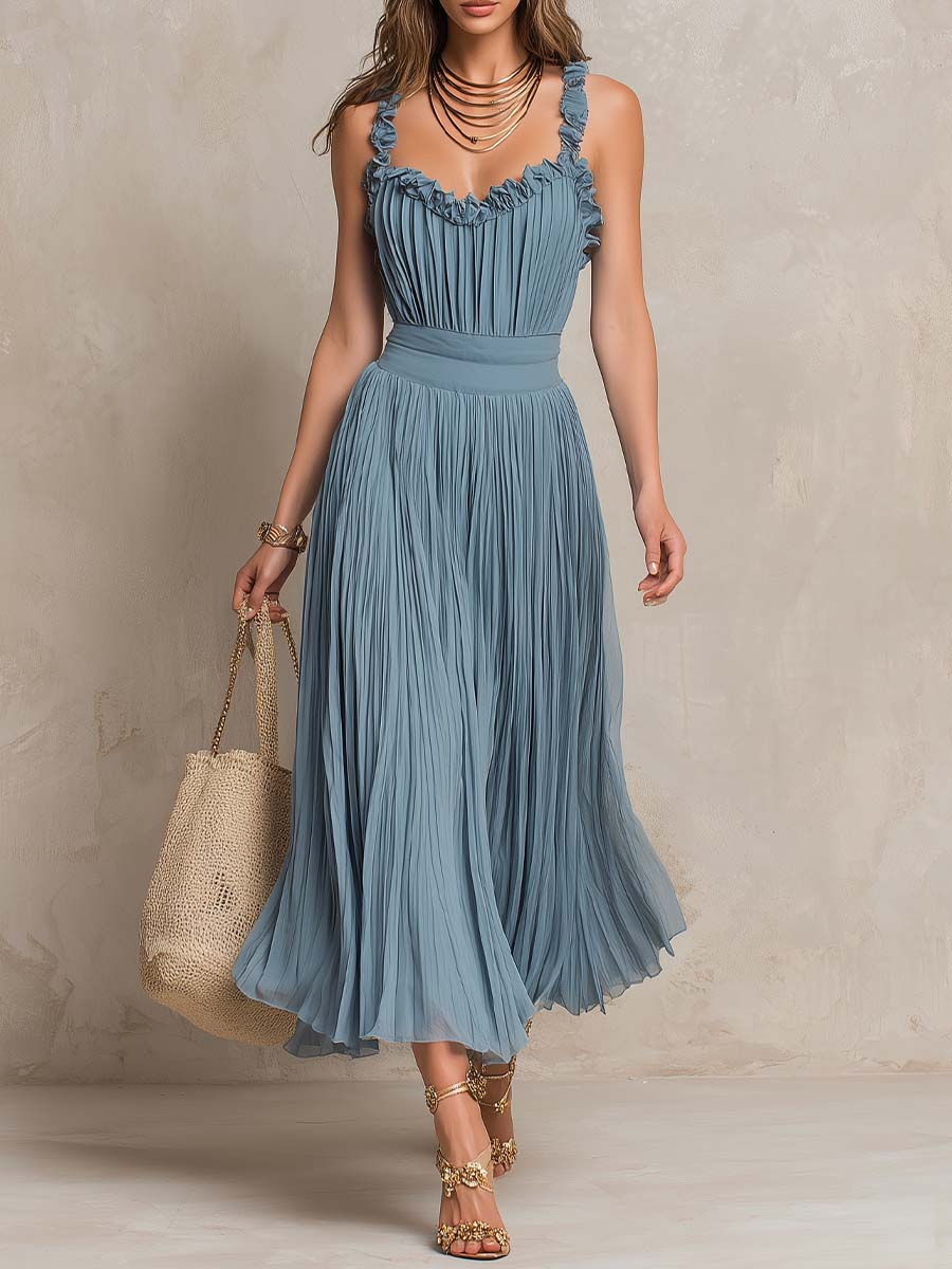 Elegant Ruffled Strap Pleated Midi Dress