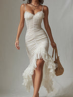 Boho Pleated Chiffon Midi Dress With Ruffled Hem