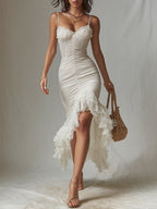 Boho Pleated Chiffon Midi Dress With Ruffled Hem