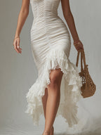 Boho Pleated Chiffon Midi Dress With Ruffled Hem