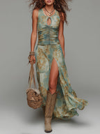 Boho Keyhole-Neck High-Slit Maxi Dress