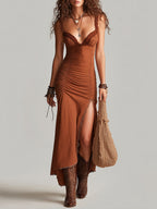Vintage Lace-Trimmed High-Slit Maxi Dress