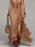 Sleeveless Shiny Knit Maxi Dress With Ruffled Hem