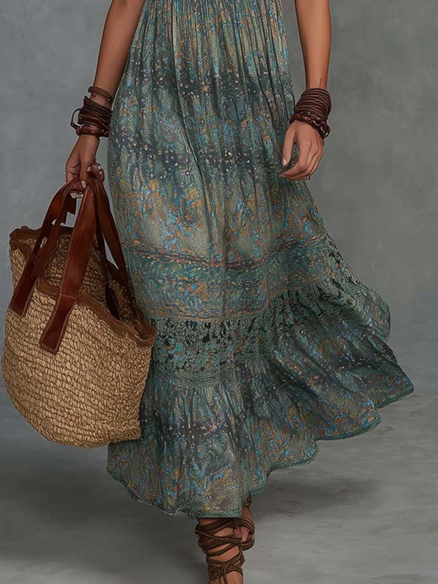 Bohemian Halter Lace Print Tiered Maxi Dress
