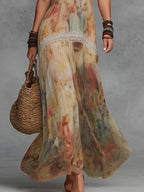 Bohemian Halter Chiffon Lace Watercolor Print Maxi Dress