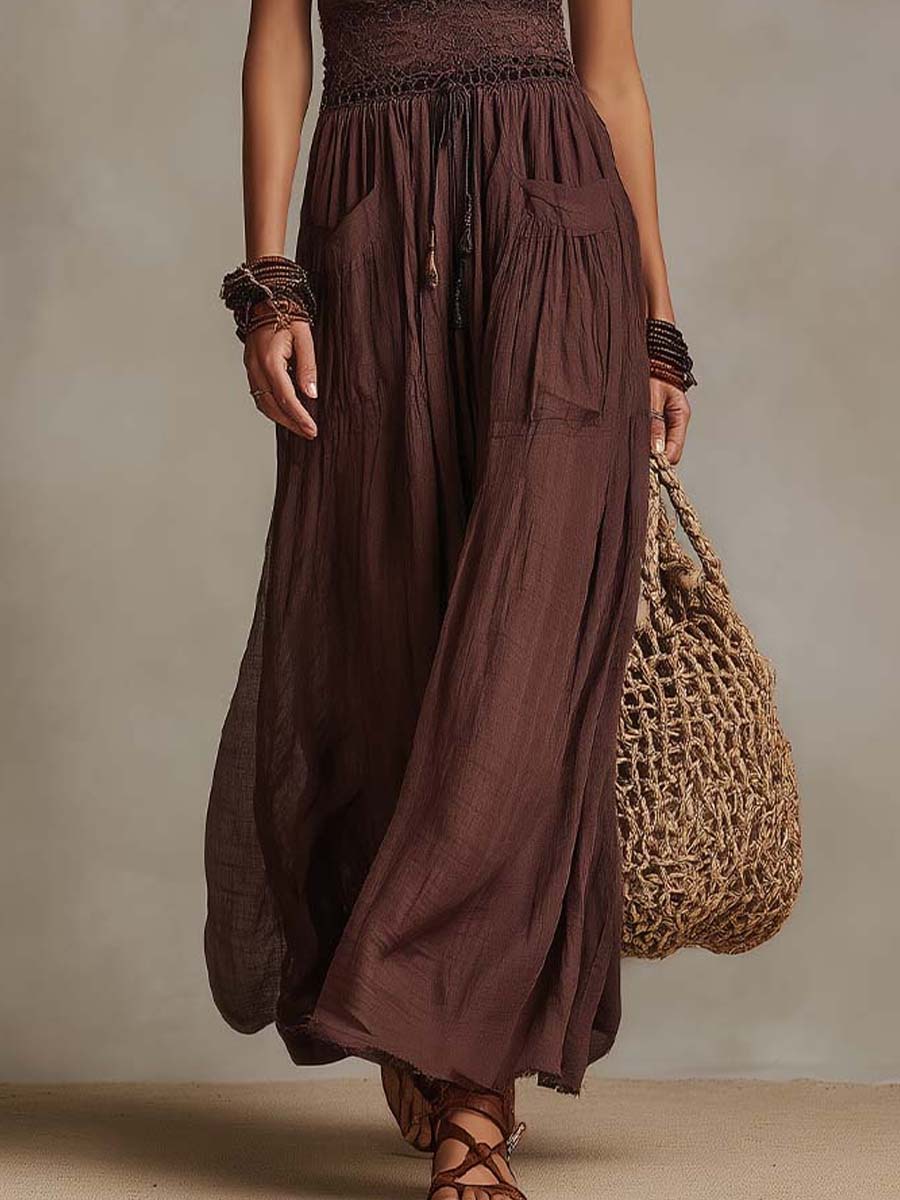 Bohemian Halter Lace Cotton-Linen Maxi Dress
