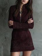 Vintage Suede Embroidered Lace Trim Mini Dress