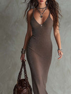 Vintage V-neck Sparkly Knitted Maxi Dress