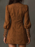 Vintage Suede Embroidered Mini Dress With Long Sleeves