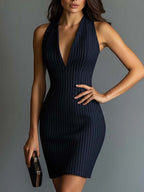 Halter Pinstripe V - neck Bodycon Dress