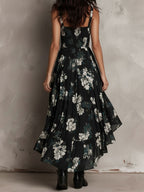 Boho Floral Print High-Low Ruffled Midi Dress