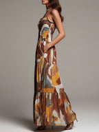 Boho Abstract Multicolor Smocked Bodice Maxi Dress