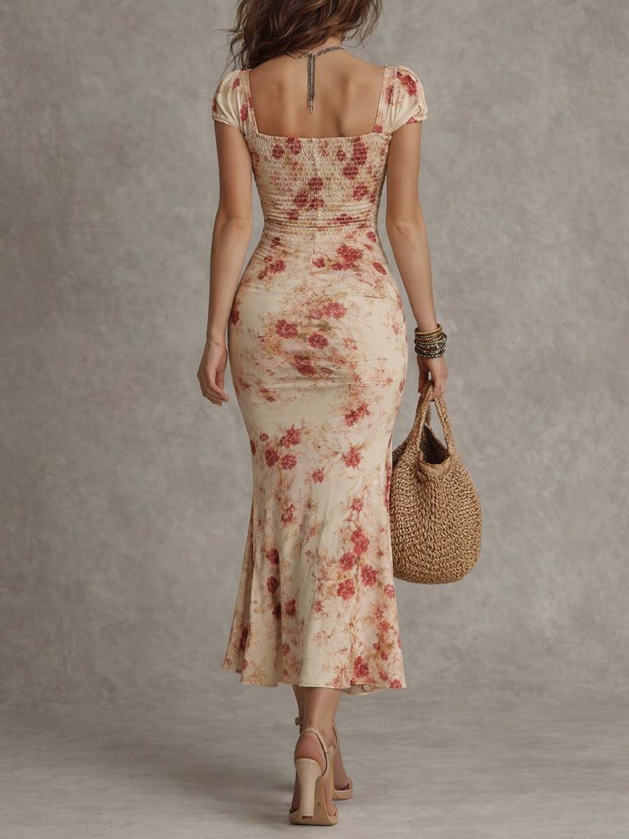 Vintage Rose Ruched Corset Midi Dress