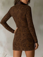 Vintage Zipper Paisley Jacquard Mini Dress With Leather Trim