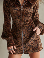 Retro Short Velvet Leopard Print Lantern Sleeve Mini Dress