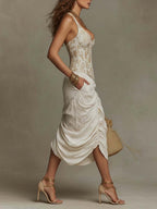Bohemian Halter Gold Lace Corset & Cotton-Linen Ruched Midi Dress