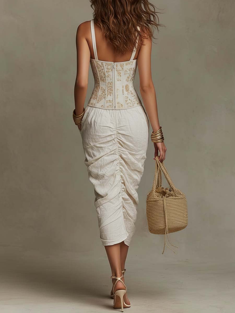 Bohemian Halter Gold Lace Corset & Cotton-Linen Ruched Midi Dress
