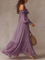 Romantic Vacation Off-Shoulder Pleated Maxi Dress