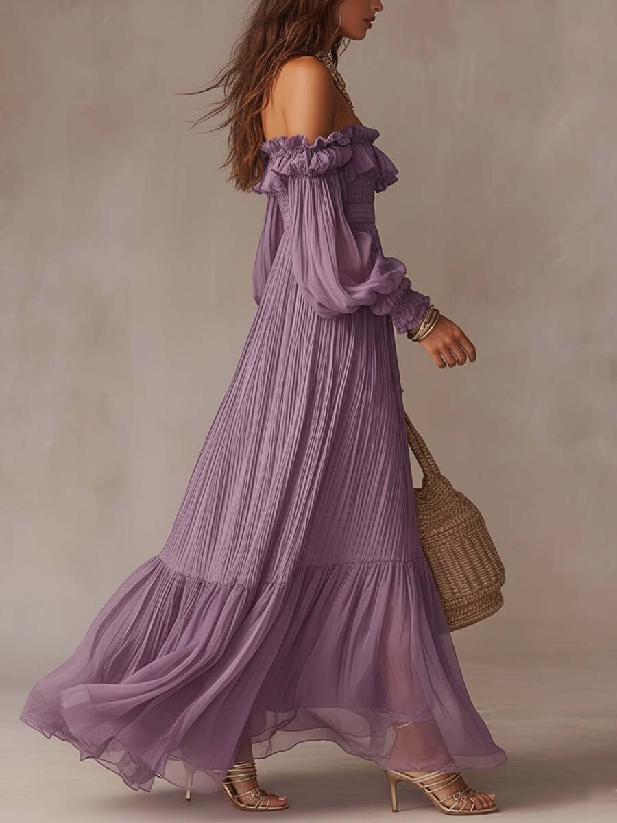 Romantic Vacation Off-Shoulder Pleated Maxi Dress