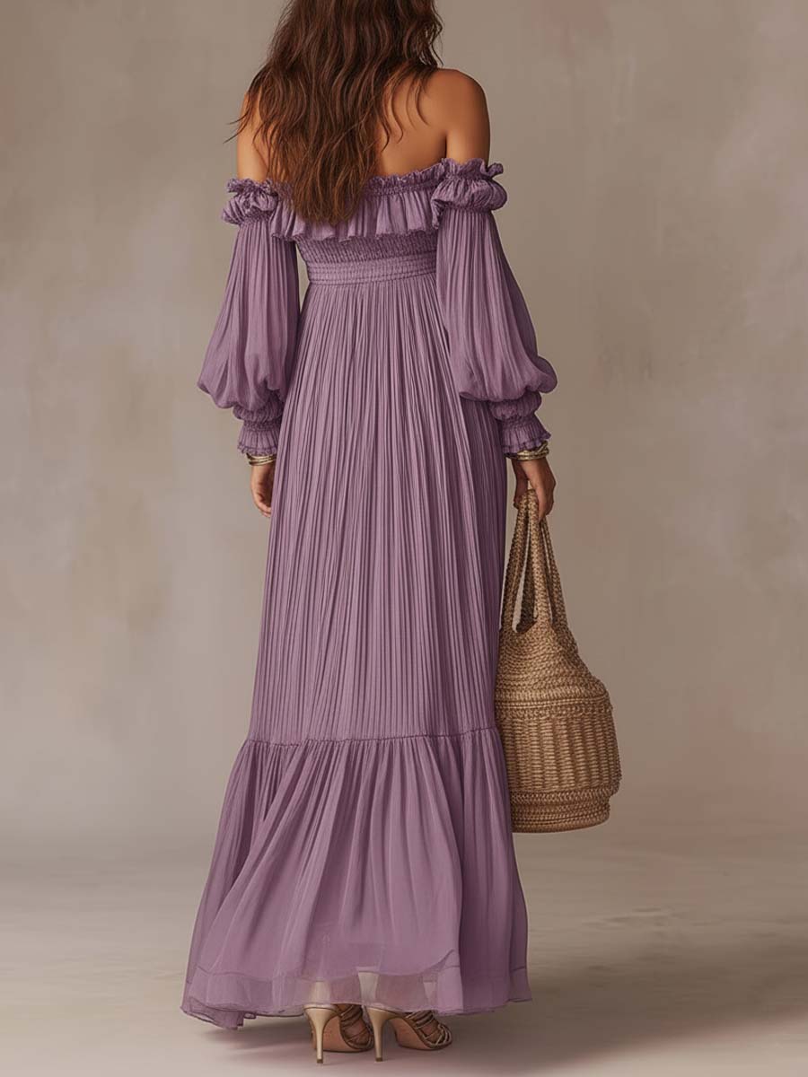 Romantic Vacation Off-Shoulder Pleated Maxi Dress