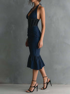 Elegant Halter Corset Zipper Ruched Midi Dress