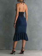 Elegant Halter Corset Zipper Ruched Midi Dress