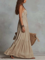 Retro Lace-Collar Cotton-Linen Maxi Dress
